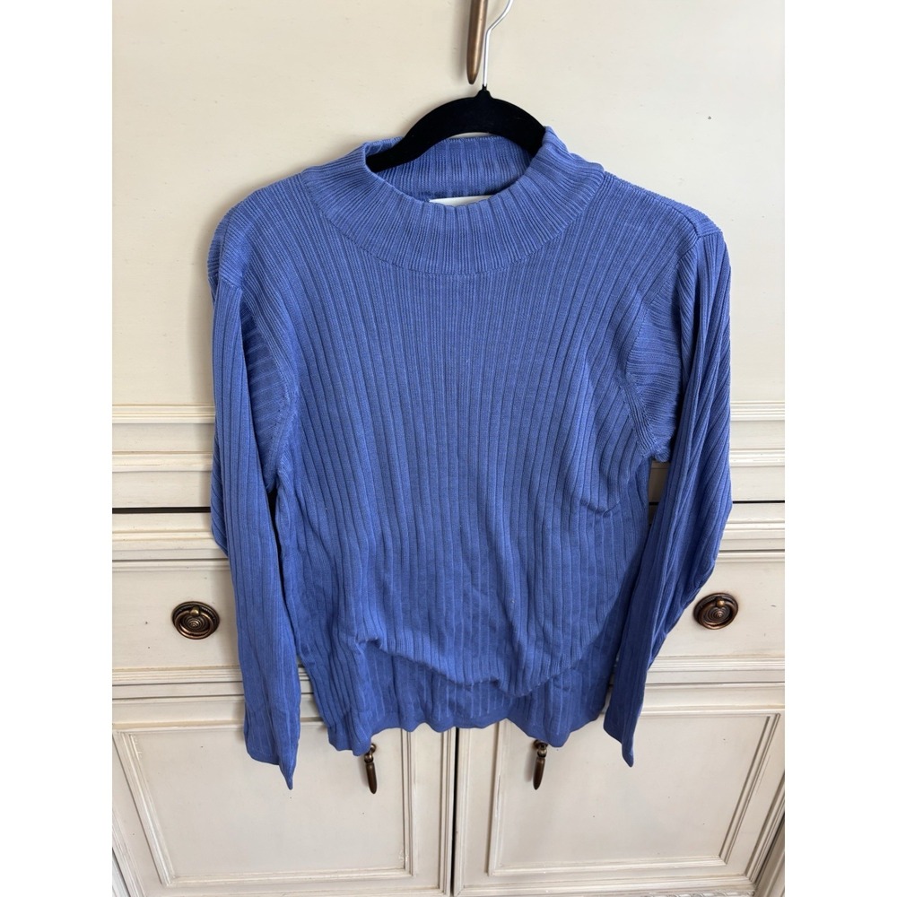 Appleseeds Vintage 1980s Silk Ribbed Mock Neck Blue Blouse Long Sleeve Medium